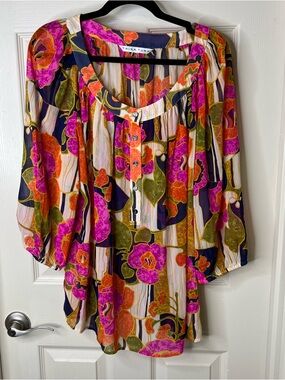 Trina Turk Multicolor Floral Peasant Blouse (Pink, Orange, Green, Navy) XL EUC